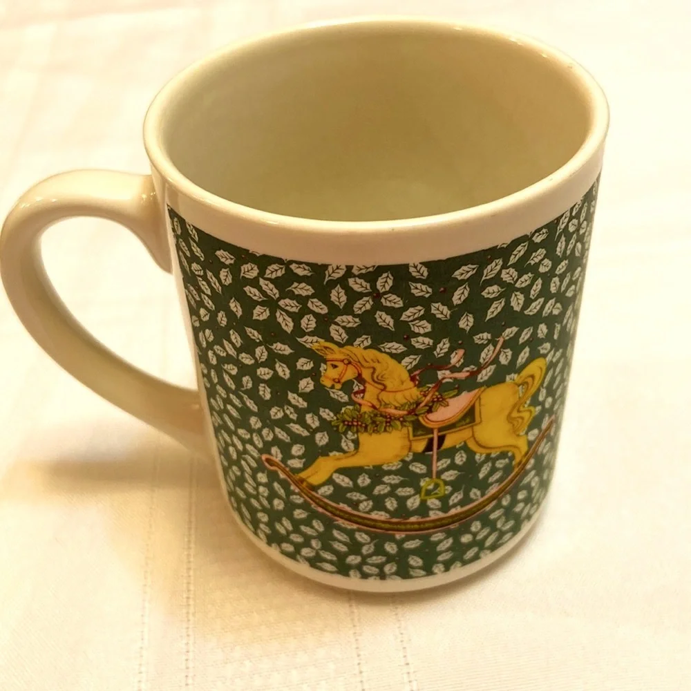 Rocking Horse Ceramic Coffee Mug - Cup features Green & White Holley Leaves-EUC